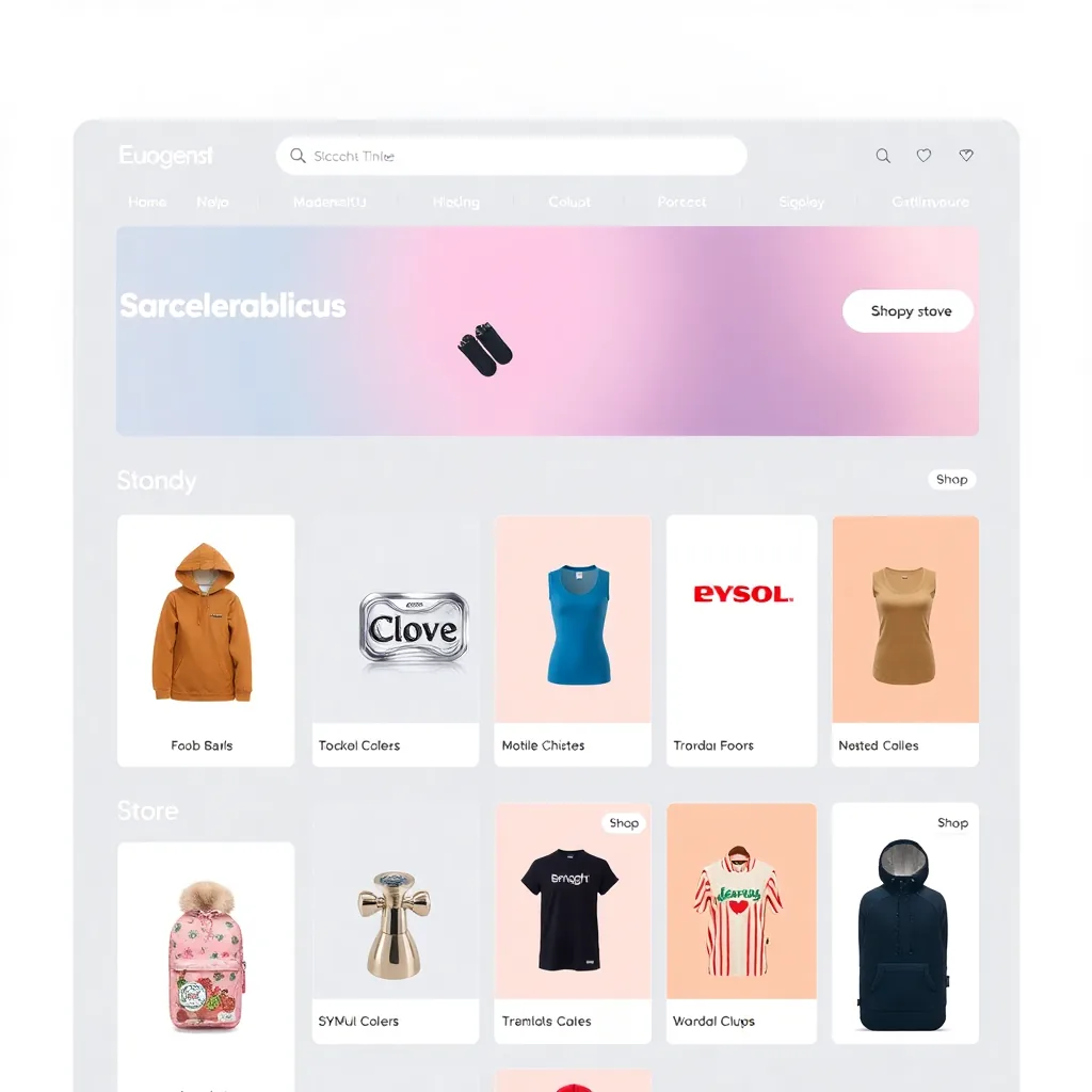 modern e-commerce platform interface with multiple brand stores, clean design, shopping interface