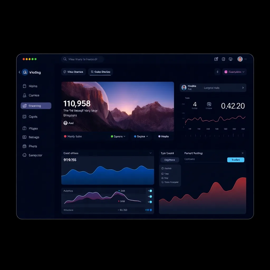 modern video streaming platform interface with analytics dashboard, dark theme, futuristic design